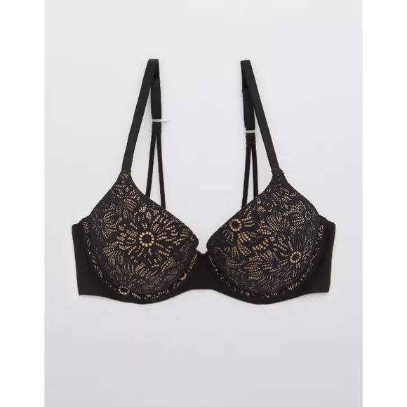 AERIE SUNNIE DEMI BLOSSOM LACE STRAPPY PUSH-UP BRA (BLACK) - Picture 5 of 6